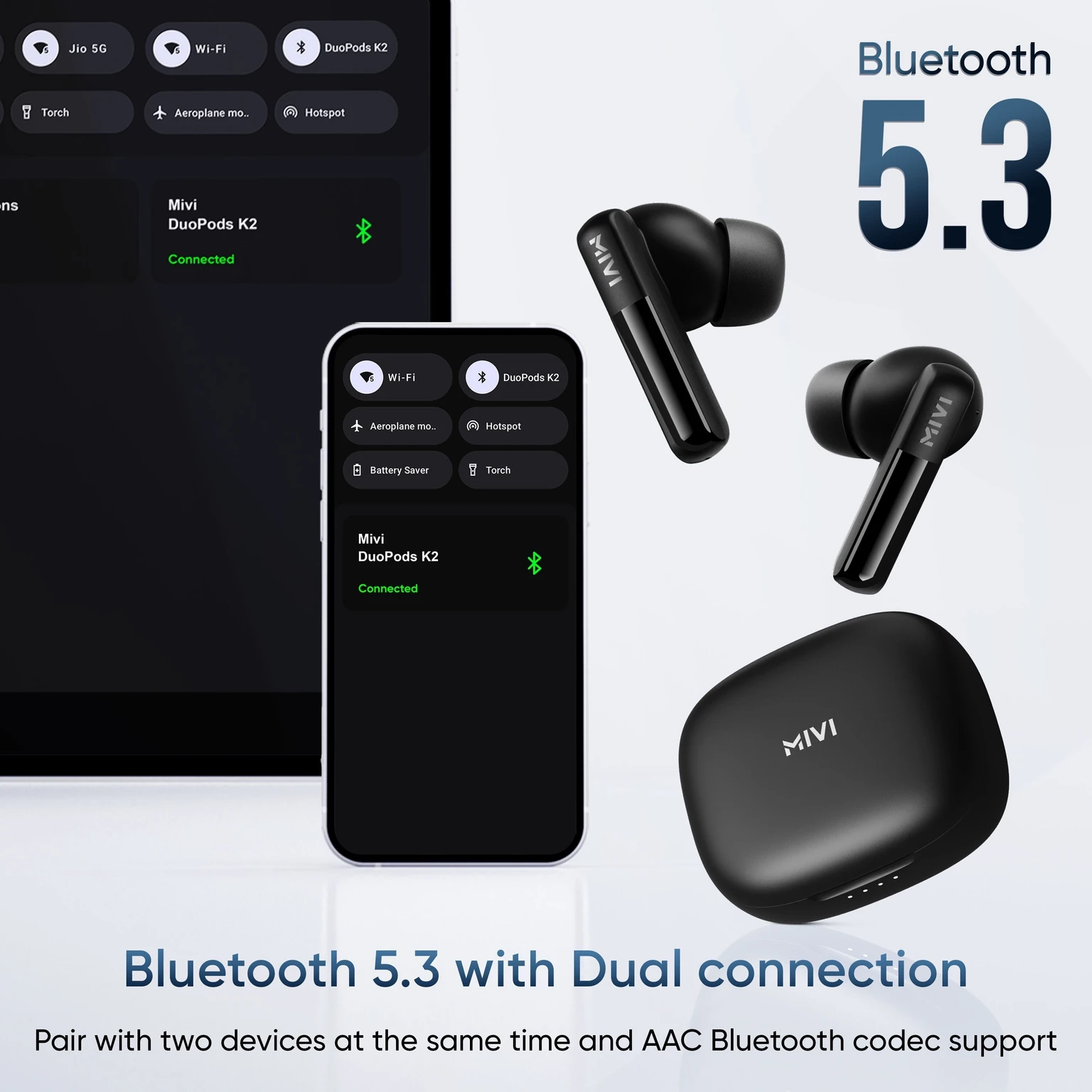Mivi Duopods K2, 40Hrs PT, HD Call, Fast Charging, 50ms Latency,IPX4, Voice Asst.5.3v Bluetooth Headset (Black, True Wireless) - Image 3